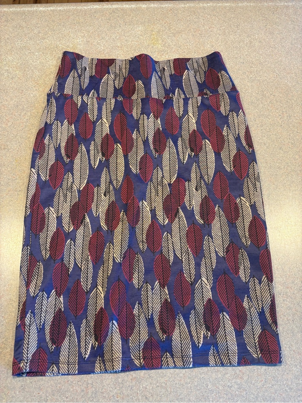 LuLaRoe Navy Pencil Skirt with Burgundy and Cream Leaf Print
